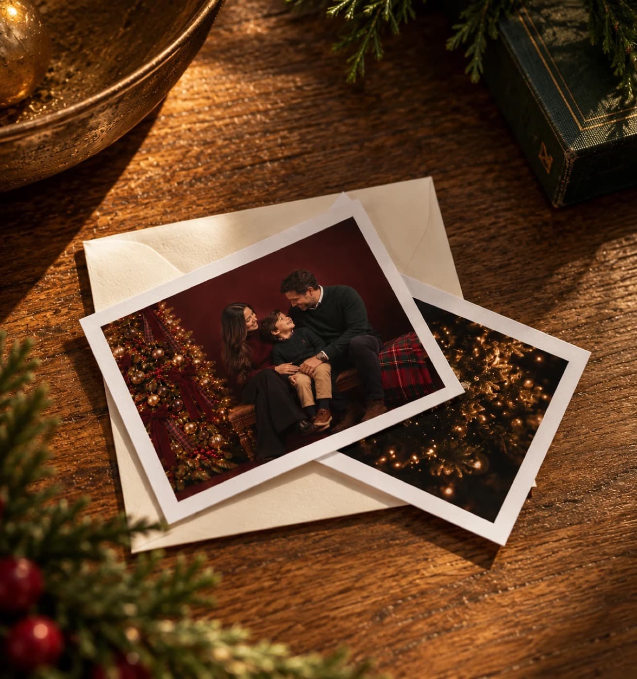 Dos fotos de Navidad impresas, con borde blanco, sobre un sobre color crema