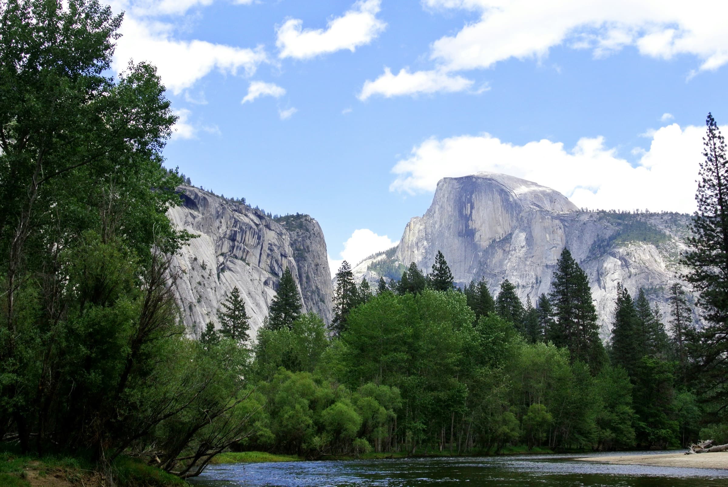 Half Dome desde la orilla del río Merced, con el granito iluminado por encima de los árboles.
